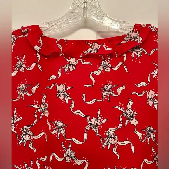 Liz Claiborne Red Floral Ruffle Blouse Long Sleeve Work Top Size M - Picture 6 of 9